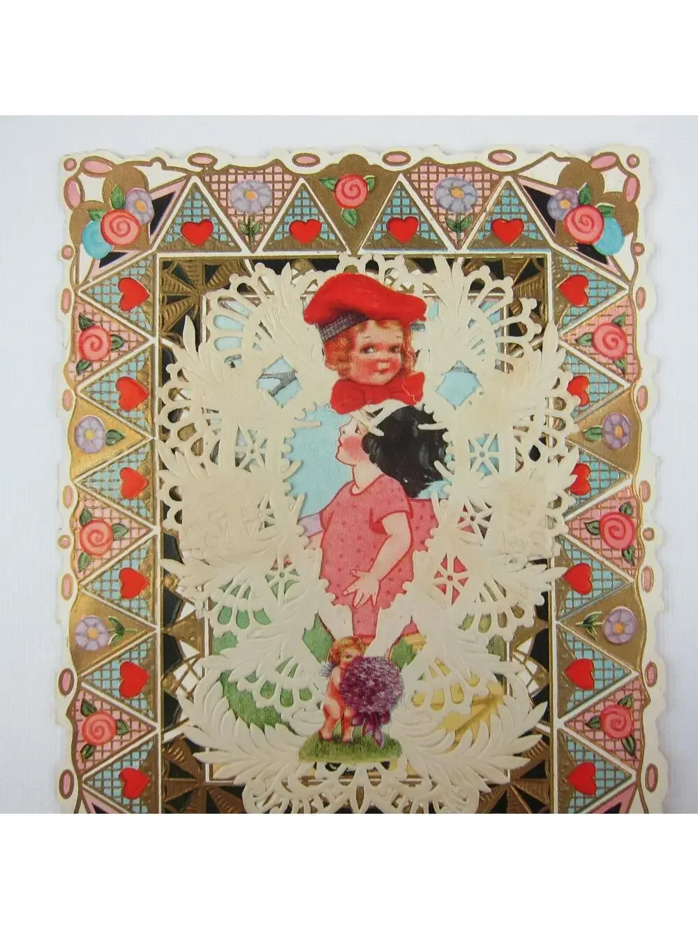 Antique Valentine Girl Pink Dress Cupid Purple Flowers Boy Hammock UNSIGNED
